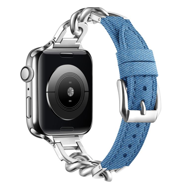 For Apple Watch 46mm / 49mm / 45mm / 44mm Metal Chain Leather Denim Watch Band(Baby Blue)