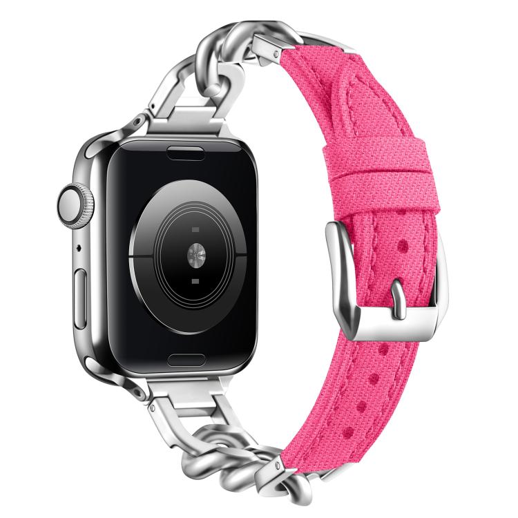 For Apple Watch 46mm / 49mm / 45mm / 44mm Metal Chain Leather Denim Watch Band(Peach Red)