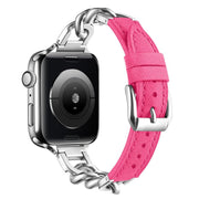 For Apple Watch 46mm / 49mm / 45mm / 44mm Metal Chain Leather Denim Watch Band(Peach Red)