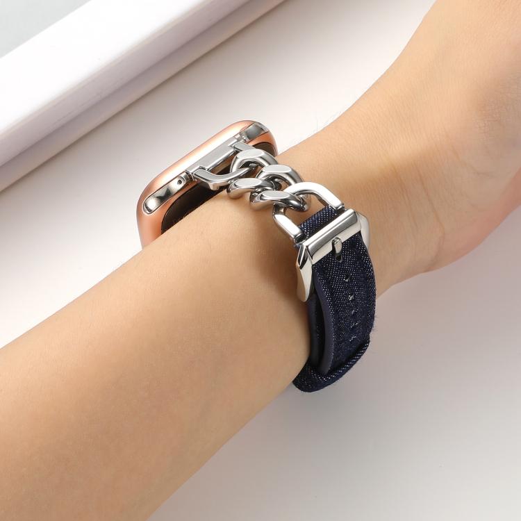 For Apple Watch 46mm / 49mm / 45mm / 44mm Metal Chain Leather Denim Watch Band(Ochre Red)