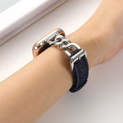 For Apple Watch 46mm / 49mm / 45mm / 44mm Metal Chain Leather Denim Watch Band(Ochre Red)