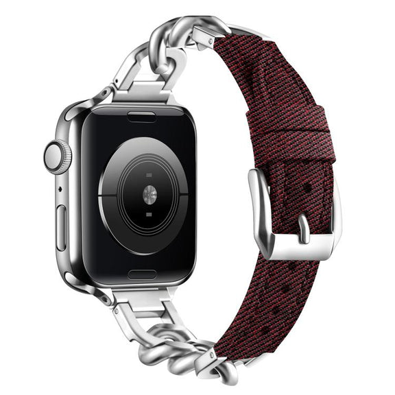 For Apple Watch 46mm / 49mm / 45mm / 44mm Metal Chain Leather Denim Watch Band(Ochre Red)
