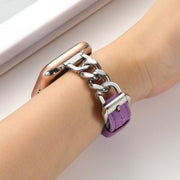For Apple Watch 46mm / 49mm / 45mm / 44mm Metal Chain Leather Denim Watch Band(Purple)