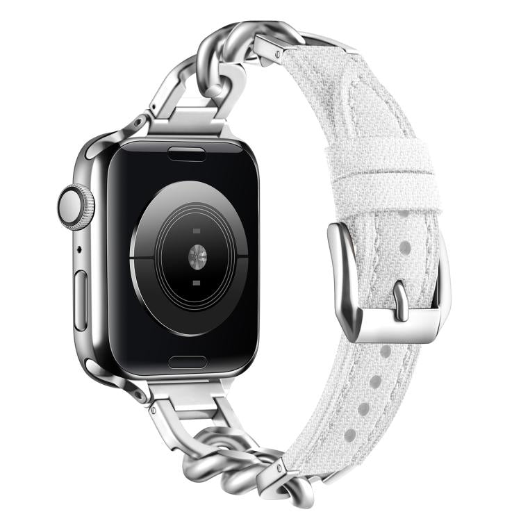 For Apple Watch 42mm / 41mm / 40mm / 38mm Metal Chain Leather Denim Watch Band(White)