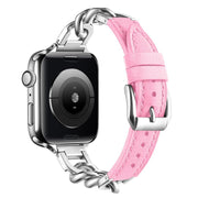For Apple Watch 42mm / 41mm / 40mm / 38mm Metal Chain Leather Denim Watch Band(Pink)