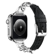 For Apple Watch 42mm / 41mm / 40mm / 38mm Metal Chain Leather Denim Watch Band(Black)