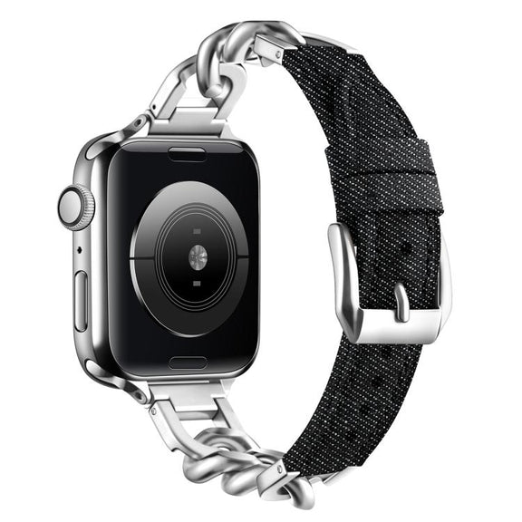 For Apple Watch 42mm / 41mm / 40mm / 38mm Metal Chain Leather Denim Watch Band(Black)