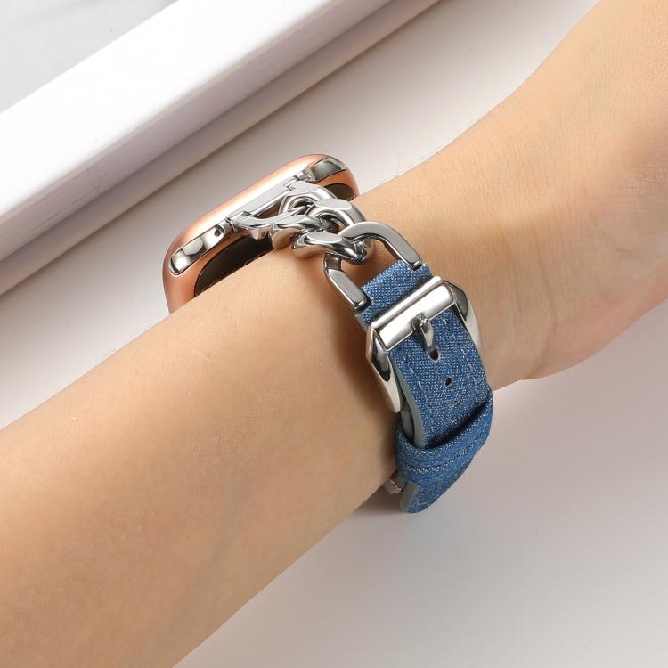 For Apple Watch 42mm / 41mm / 40mm / 38mm Metal Chain Leather Denim Watch Band(Baby Blue)