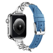 For Apple Watch 42mm / 41mm / 40mm / 38mm Metal Chain Leather Denim Watch Band(Baby Blue)