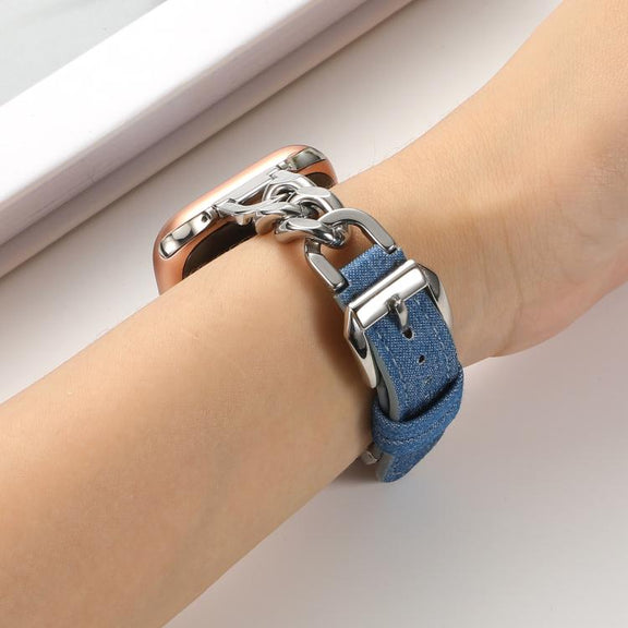 For Apple Watch 42mm / 41mm / 40mm / 38mm Metal Chain Leather Denim Watch Band(Baby Blue)