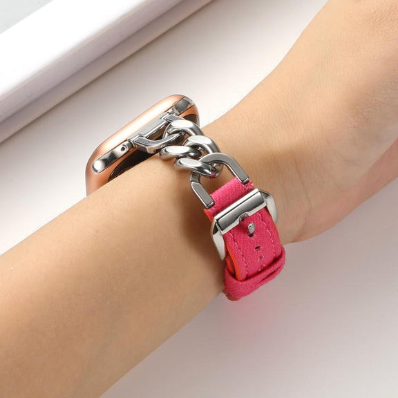 For Apple Watch 42mm / 41mm / 40mm / 38mm Metal Chain Leather Denim Watch Band(Peach Red)