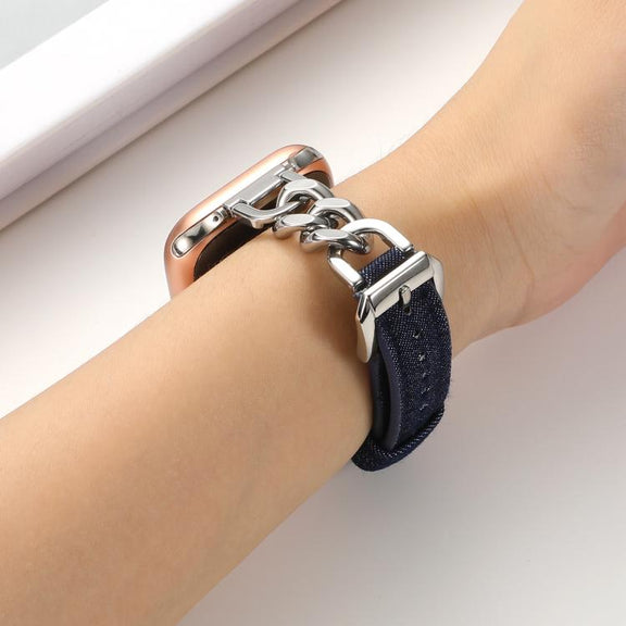 For Apple Watch 42mm / 41mm / 40mm / 38mm Metal Chain Leather Denim Watch Band(Ochre Red)