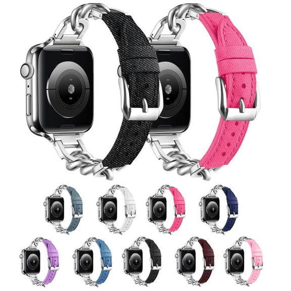 For Apple Watch 46mm / 49mm / 45mm / 44mm Metal Chain Leather Denim Watch Band(White)