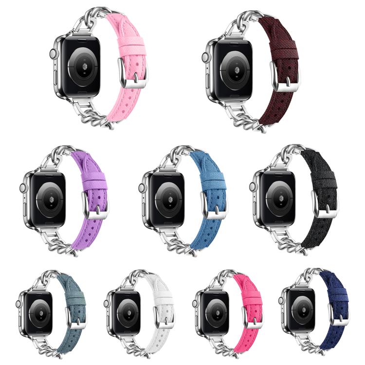 For Apple Watch 46mm / 49mm / 45mm / 44mm Metal Chain Leather Denim Watch Band(Baby Blue)