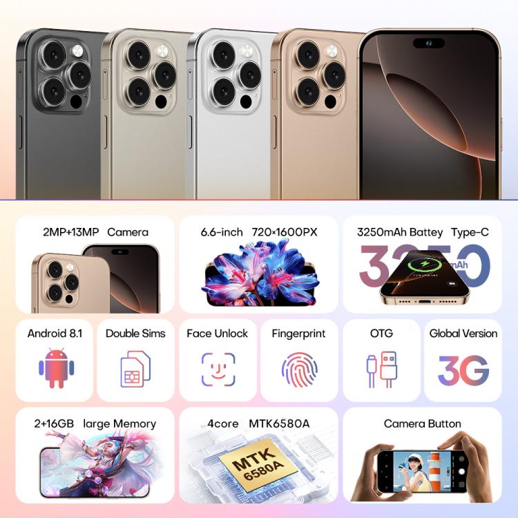 A88 / i16 Pro Max, 2GB+16GB, 6.6 inch Android 8.1 MTK6580A Quad Core, OTG, Network: 3G, Dual SIM, Plug:AU Plug(Titanium White)