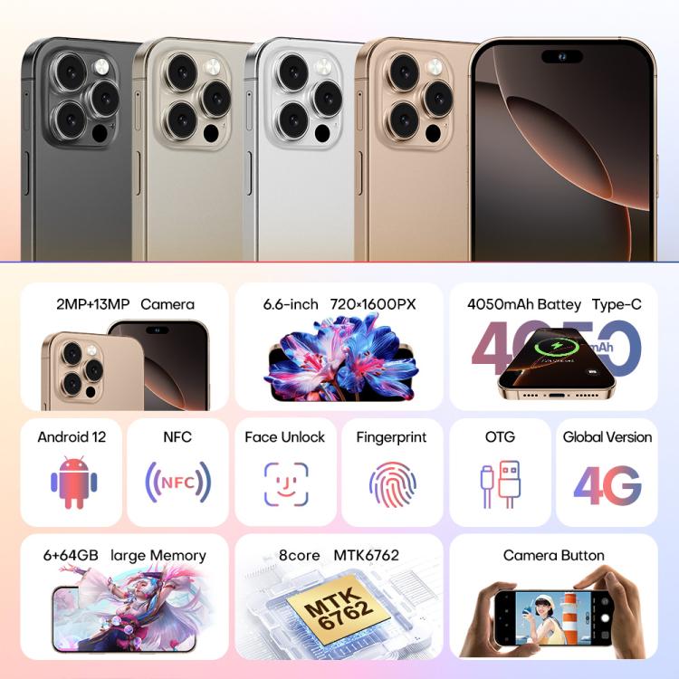 A88A / i16 Pro Max, 6GB+64GB, 6.6 inch Android 12 MTK6762 Helio G25 Octa Core, NFC, OTG, Network: 4G, Dual SIM, Plug:UK Plug(Titanium Grey) - free shipping - PMc TechLife - Order now!