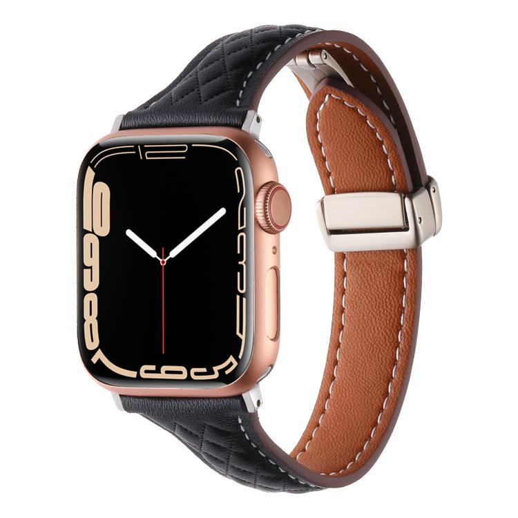 For Apple Watch 46mm / 49mm / 45mm / 44mm Kalebol Diamond Pattern Magnetic Buckle Leather Strap(Black) - Watch Bands by Kalebol | Online Shopping South Africa | PMC TechLife | Buy Now Pay Later Mobicred