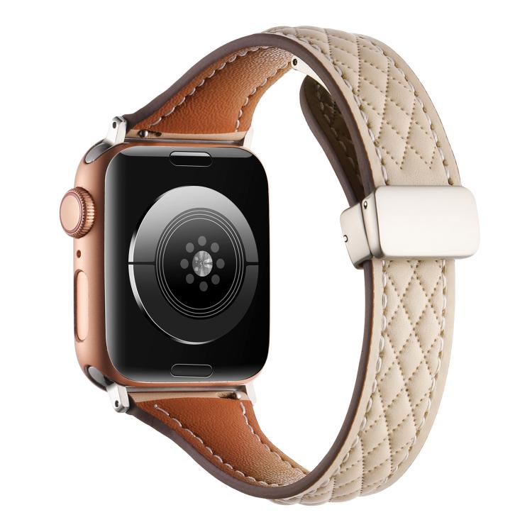 For Apple Watch 46mm / 49mm / 45mm / 44mm Kalebol Diamond Pattern Magnetic Buckle Leather Strap(Apricot) - Watch Bands by Kalebol | Online Shopping South Africa | PMC TechLife | Buy Now Pay Later Mobicred