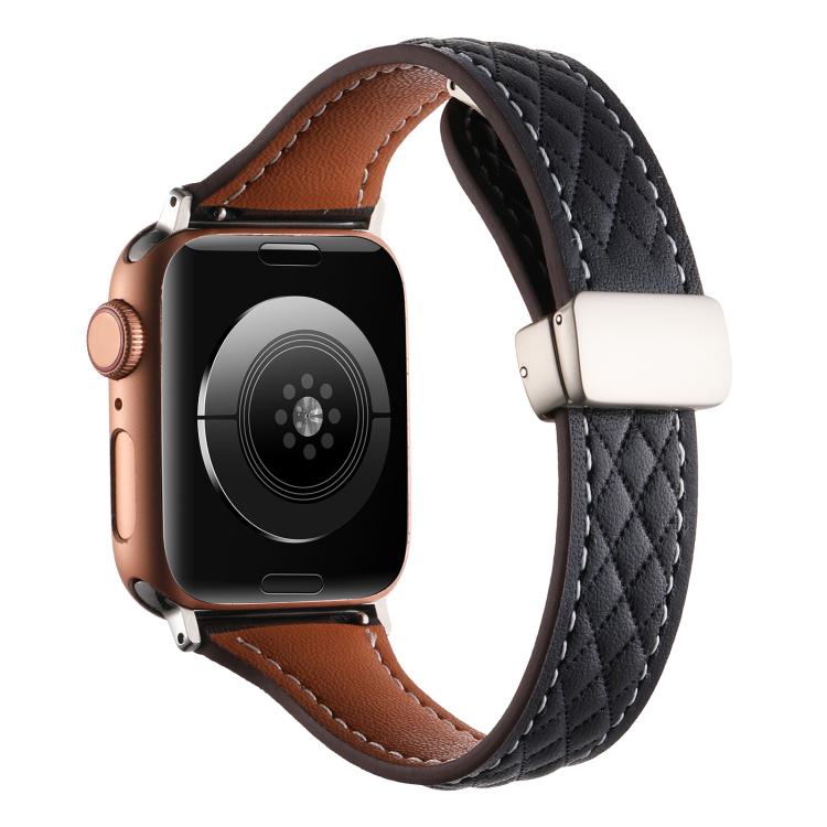 For Apple Watch 42mm / 41mm / 40mm / 38mm Kalebol Diamond Pattern Magnetic Buckle Leather Strap(Black) - Watch Bands by Kalebol | Online Shopping South Africa | PMC TechLife | Buy Now Pay Later Mobicred