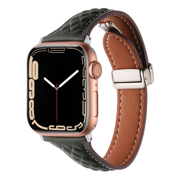 For Apple Watch 42mm / 41mm / 40mm / 38mm Kalebol Diamond Pattern Magnetic Buckle Leather Strap(Olive Green) - Watch Bands by Kalebol | Online Shopping South Africa | PMC TechLife | Buy Now Pay Later Mobicred