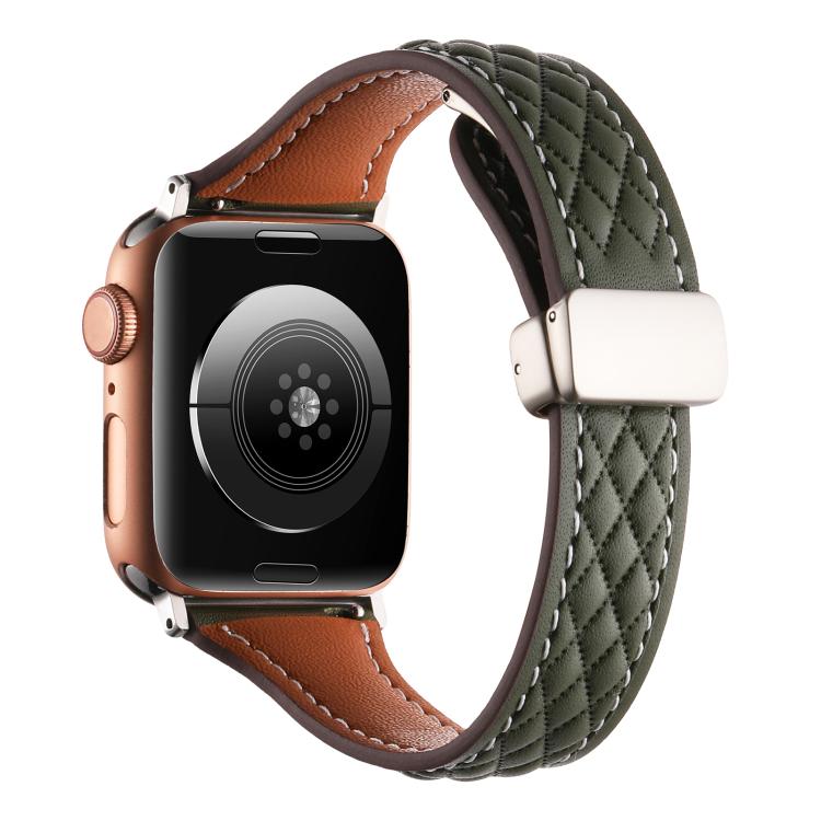For Apple Watch 42mm / 41mm / 40mm / 38mm Kalebol Diamond Pattern Magnetic Buckle Leather Strap(Olive Green) - Watch Bands by Kalebol | Online Shopping South Africa | PMC TechLife | Buy Now Pay Later Mobicred