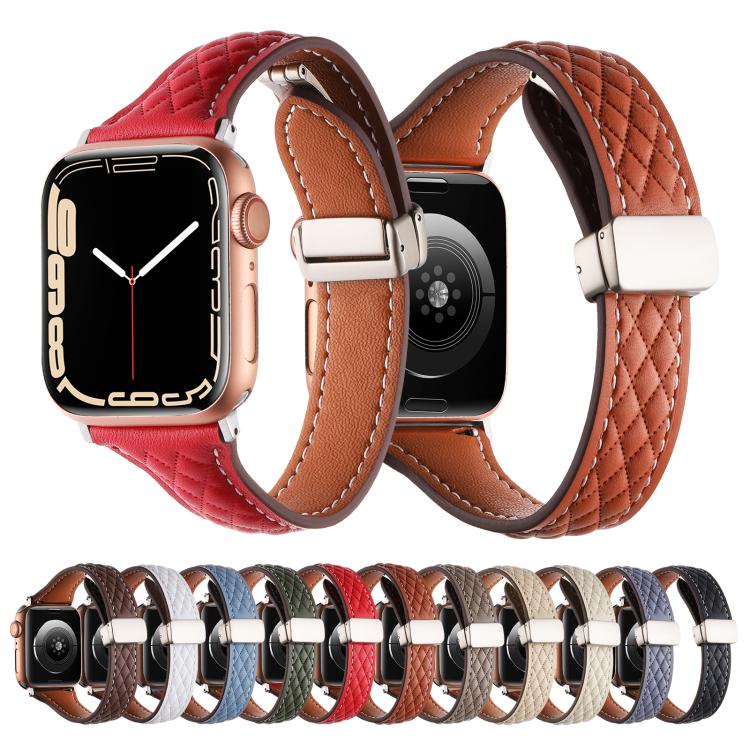 For Apple Watch 46mm / 49mm / 45mm / 44mm Kalebol Diamond Pattern Magnetic Buckle Leather Strap(Red) - Watch Bands by Kalebol | Online Shopping South Africa | PMC TechLife | Buy Now Pay Later Mobicred