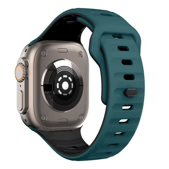 For Apple Watch 46mm / 49mm / 45mm / 44mm Kalebol Wave Reverse Buckle Two-color Silicone Strap(Dark Green Black)