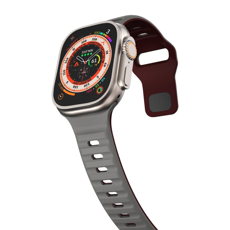 For Apple Watch 46mm / 49mm / 45mm / 44mm Kalebol Wave Reverse Buckle Two-color Silicone Strap(Space Grey Wine Red)