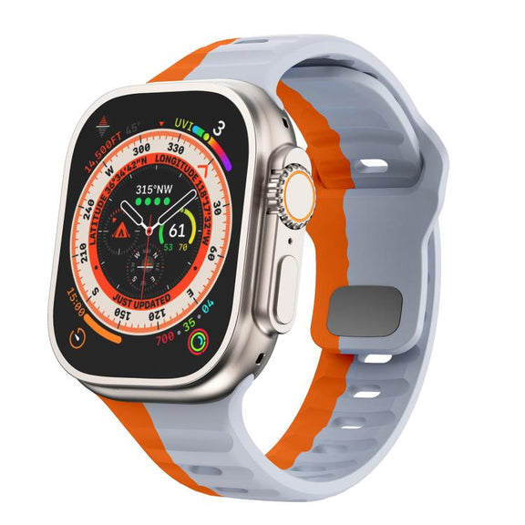 For Apple Watch 46mm / 49mm / 45mm / 44mm Kalebol Wave Reverse Buckle Two-color Silicone Strap(Wild Path Grey Orange)