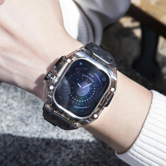 For Apple Watch 46mm / 45mm / 44mm / 42mm Kalebol Glacier Integrated Transparent Silicone Strap(Black Transparent Black)