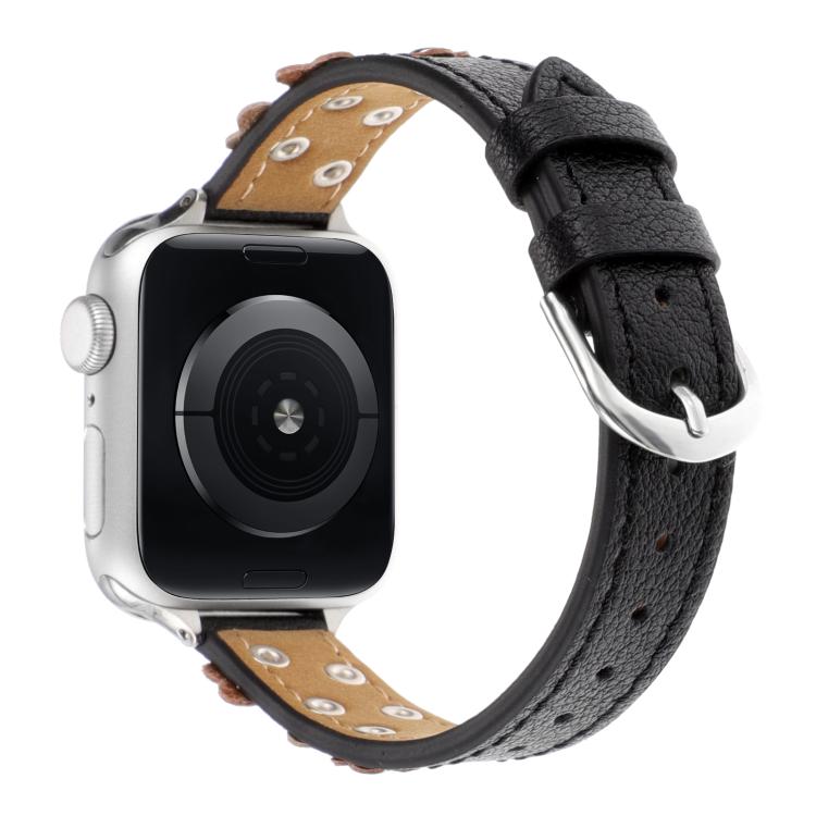 For Apple Watch 46mm / 49mm / 45mm / 44mm Kalebol Studded Flower Leather Strap(Black) - free shipping - PMC TechLife - Order now!