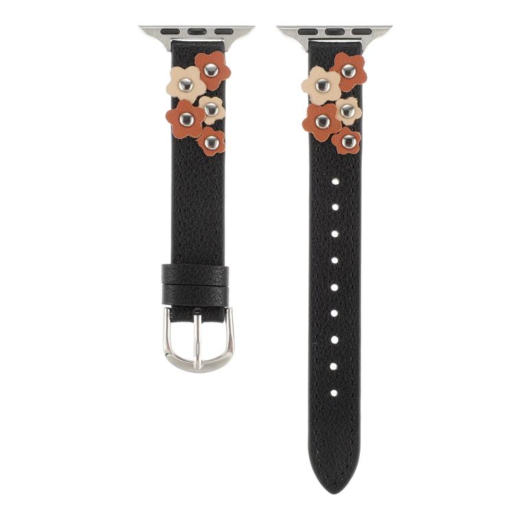 For Apple Watch 46mm / 49mm / 45mm / 44mm Kalebol Studded Flower Leather Strap(Black)