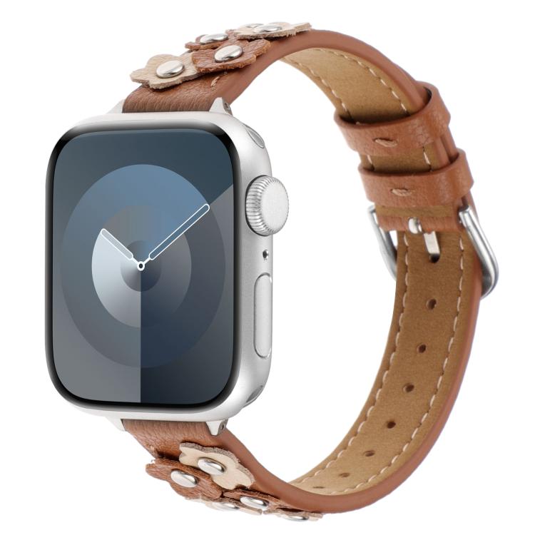 For Apple Watch 46mm / 49mm / 45mm / 44mm Kalebol Studded Flower Leather Strap(Brown) - free shipping - PMC TechLife - Order now!