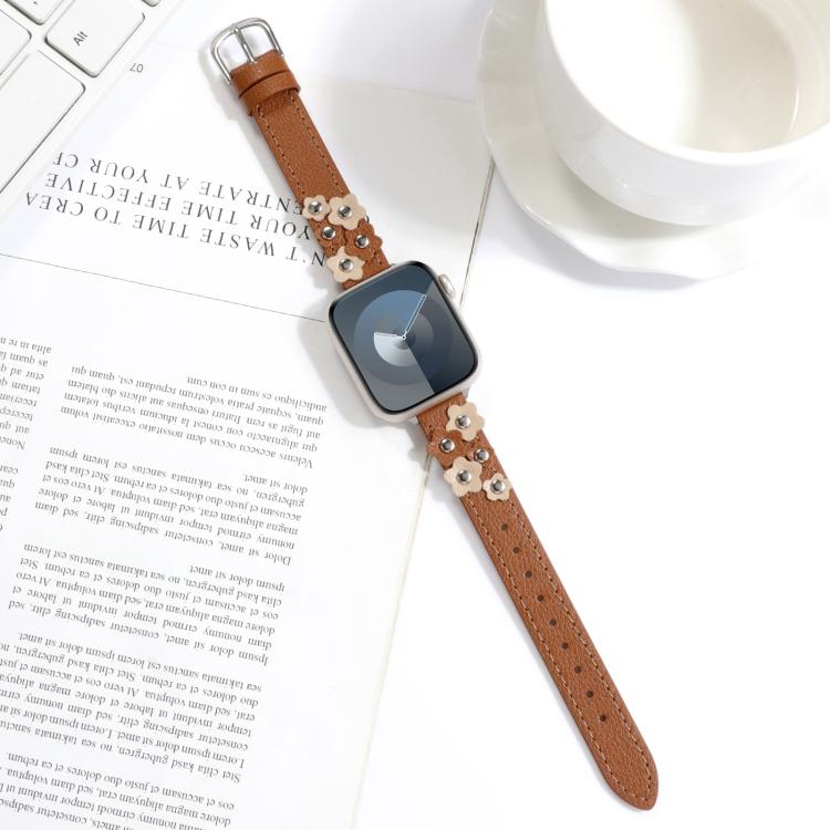 For Apple Watch 46mm / 49mm / 45mm / 44mm Kalebol Studded Flower Leather Strap(Brown) - free shipping - PMC TechLife - Order now!