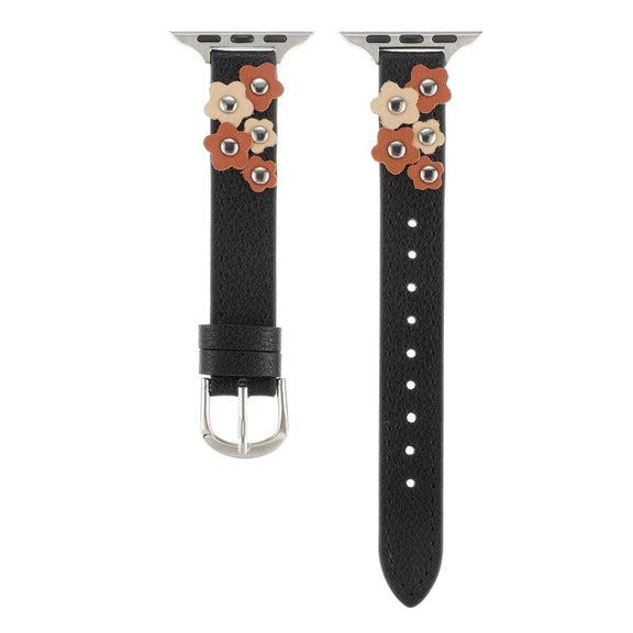 For Apple Watch 42mm / 41mm / 40mm / 38mm Kalebol Studded Flower Leather Strap(Black)