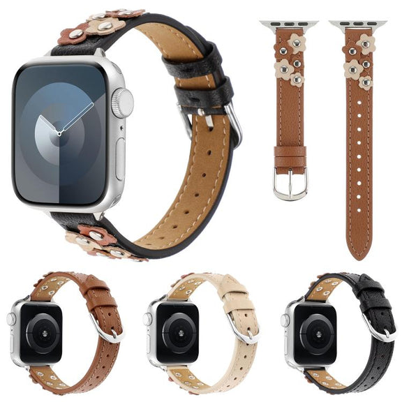 For Apple Watch 42mm / 41mm / 40mm / 38mm Kalebol Studded Flower Leather Strap(Brown)