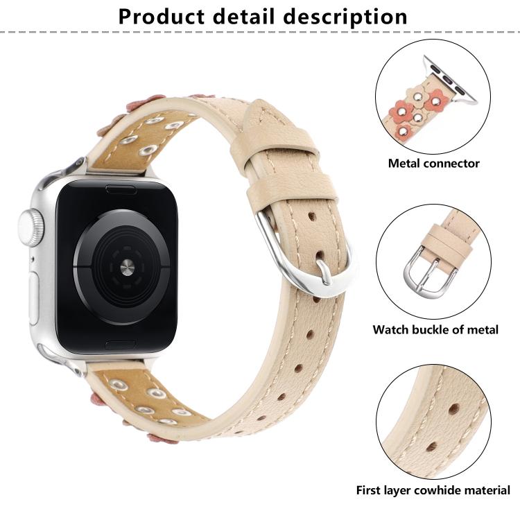 For Apple Watch 42mm / 41mm / 40mm / 38mm Kalebol Studded Flower Leather Strap(Milk Apricot) - free shipping - PMC TechLife - Order now!