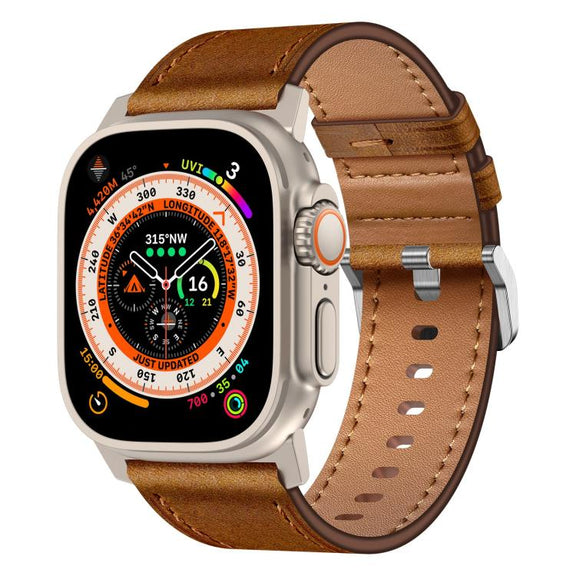 For Apple Watch 46mm / 49mm / 45mm / 44mm Kalebol Genuine Leather Watch Band(Titanium Red Brown)