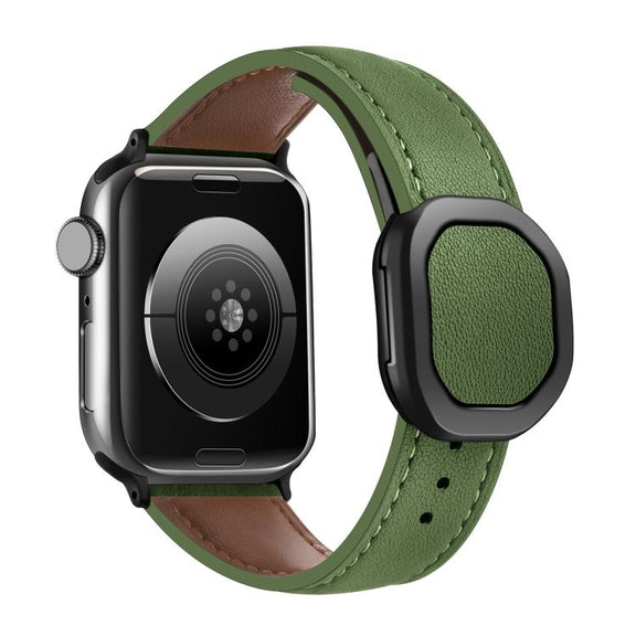 For Apple Watch 46mm / 49mm / 45mm / 44mm Kalebol Magnetic Fold Genuine Buckle Leather Watch Band(Army Green)