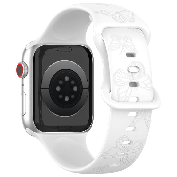 For Apple Watch 42mm / 41mm / 40mm / 38mm Kalebol 8-shaped Buckle Butterfly Embossed Silicone Watch Band(White)