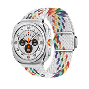 For Samsung Galaxy Watch Ultra 47mm Kalebol Braided Loop Magnetic Silver Buckle Watch Band(White Rainbow)