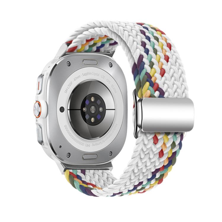 For Samsung Galaxy Watch Ultra 47mm Kalebol Braided Loop Magnetic Silver Buckle Watch Band(White Rainbow)