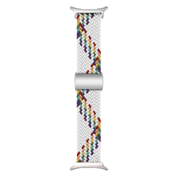 For Samsung Galaxy Watch Ultra 47mm Kalebol Braided Loop Magnetic Silver Buckle Watch Band(White Rainbow)