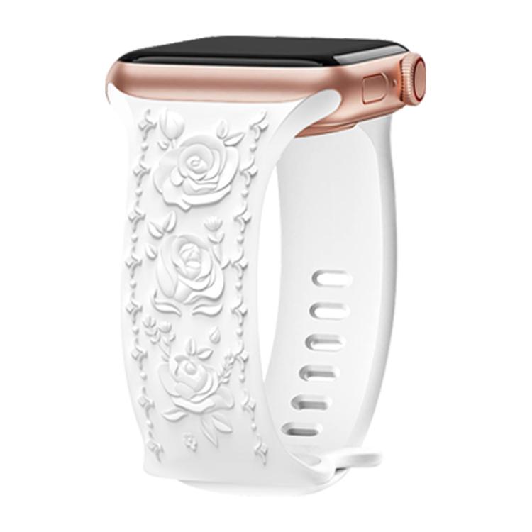 For Apple Watch 46mm / 49mm / 45mm / 44mm Kalebol 8-shaped Buckle Rose Embossed Silicone Watch Band(White)