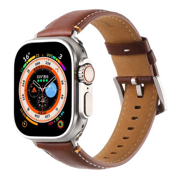 For Apple Watch 46mm / 49mm / 45mm / 44mm Kalebol Stitched Genuine Leather Watch Band(Pull Up Leather Brown) - free shipping - PMc TechLife - Order now!