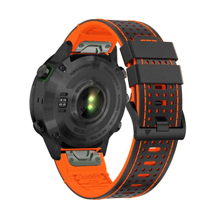 For Garmin Fenix 7X 26mm Kalebol Dot Hole Silicone Leather Quick Release Watch Band(Black Orange)