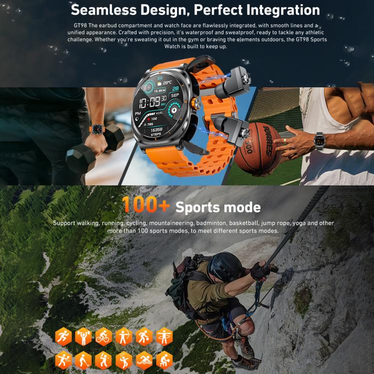 HAMTOD GT98 Headphones Smart Watch,1.53 inch, Support Bluetooth Call / NFC / Heart Rate(Silver Orange) - free shipping - PMC TechLife - Order now!