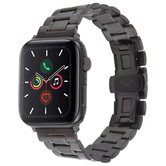 For Apple Watch 46mm / 49mm / 45mm / 44mm Butterfly Buckle New Five Beads Stainless Steel Watch Band(Black)