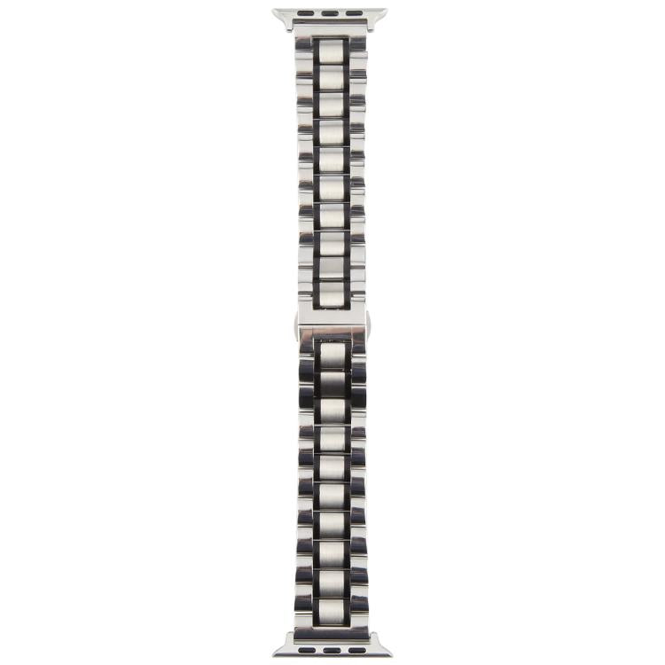For Apple Watch 46mm / 49mm / 45mm / 44mm Butterfly Buckle New Five Beads Stainless Steel Watch Band(Silver Black)