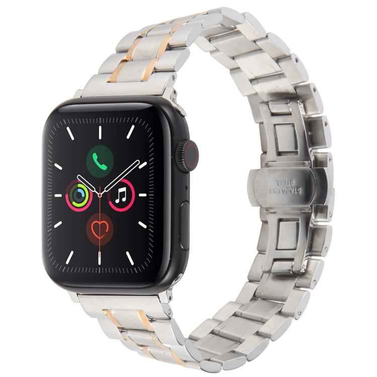 For Apple Watch 46mm / 49mm / 45mm / 44mm Butterfly Buckle New Five Beads Stainless Steel Watch Band(Silver Rose Gold)